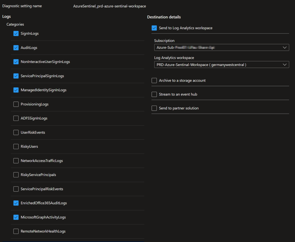 Diagnostic settings zum Sammeln der Logs in Log Analytics