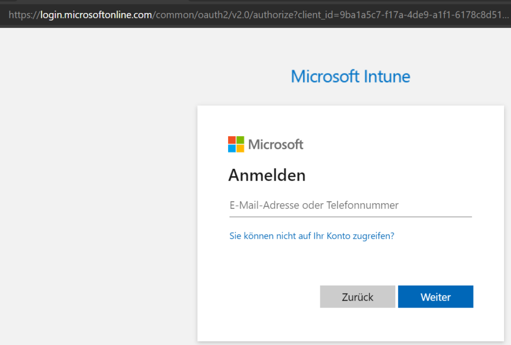 Microsoft 365 Anmeldemaske für Intune