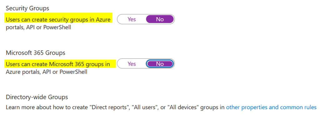 Azure Settings Group Creation