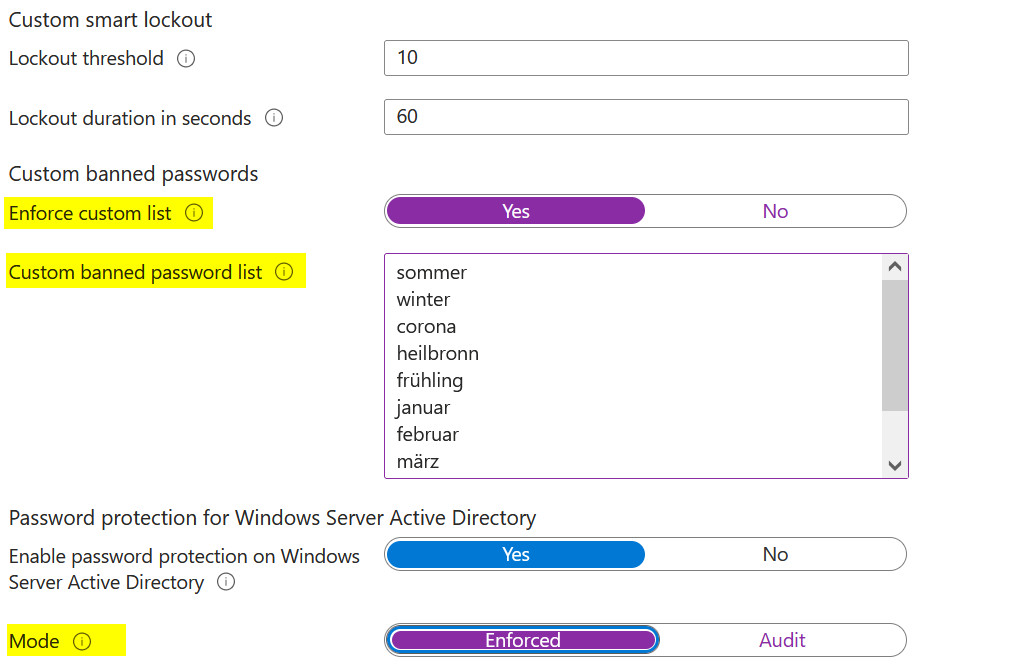 Azure Settings Passworte