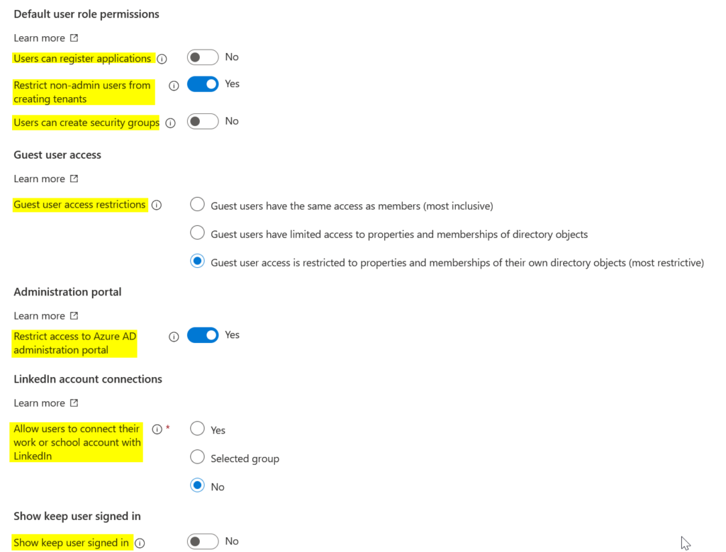 Azure Settings User settings