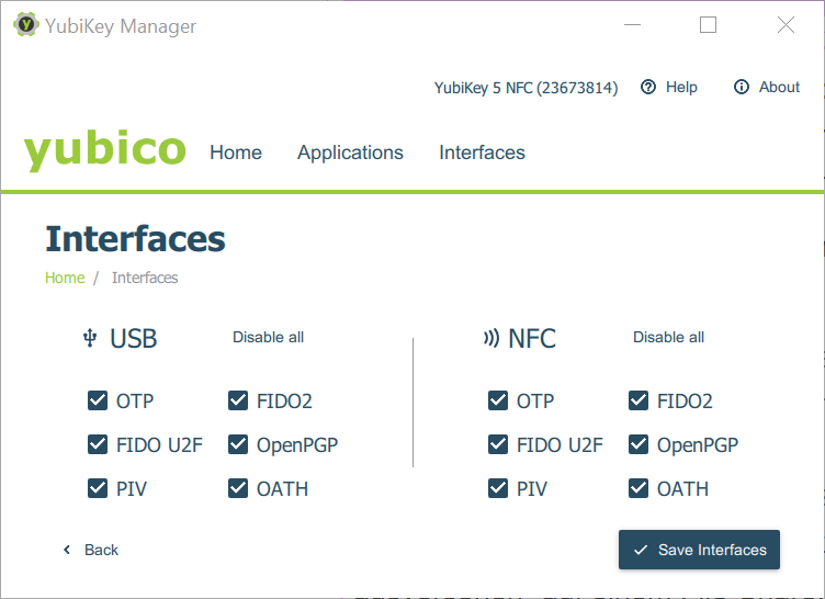 Mehrfaktorauthentifizierung - Yubikey-Manager mit Interfaces