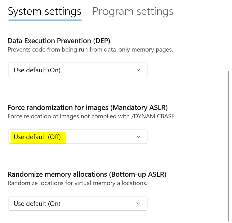 Generic Settings der Exploit Protection mit ASLR: off