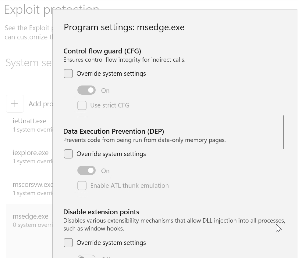 Exploit Protection Einstellungen im Security-Center.