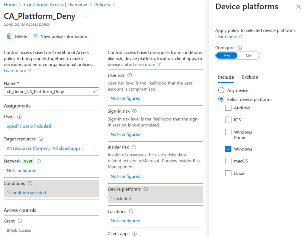 Microsoft 365 - Geräte-Compliance-Bypass 13 CA Plattform deny